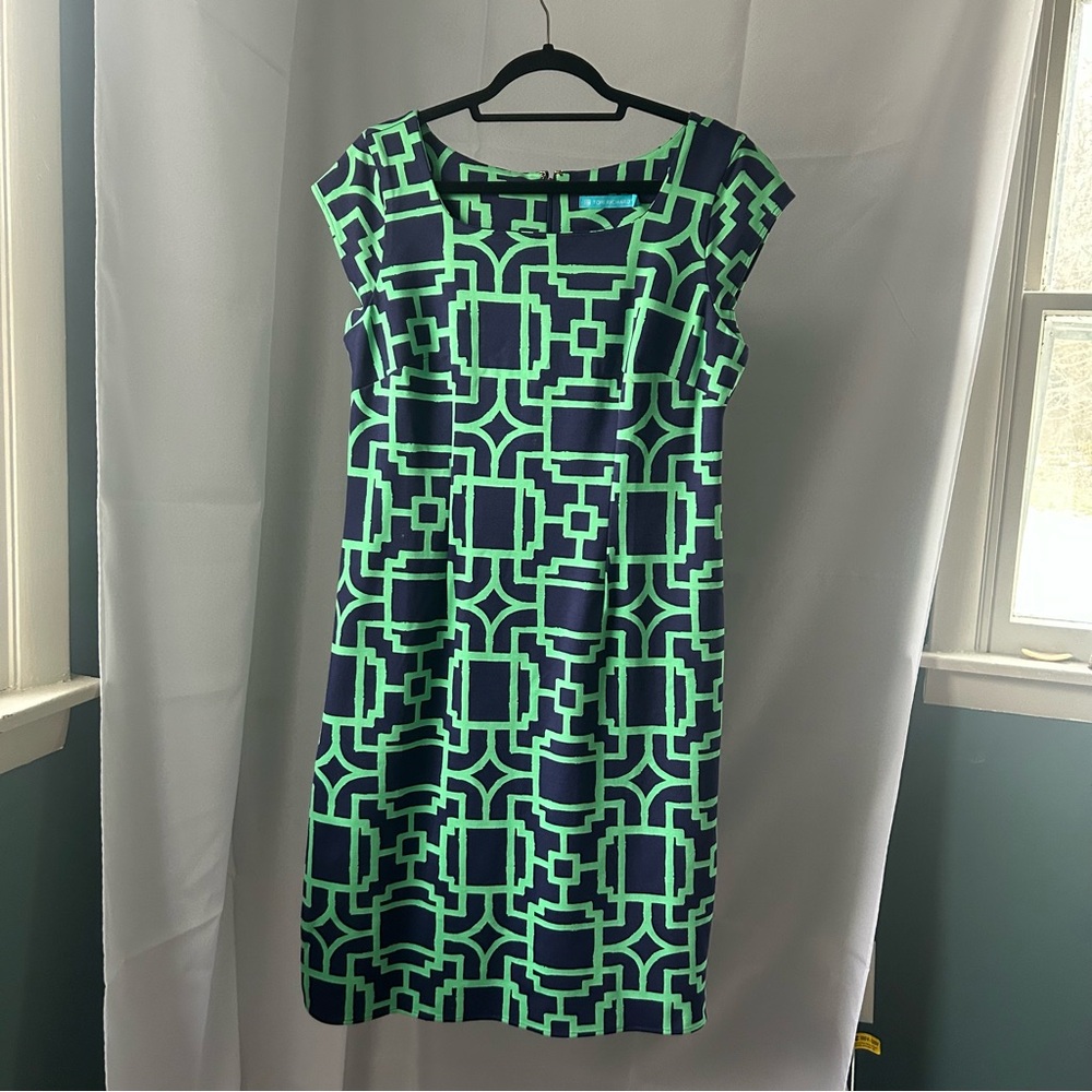 Tori Richard Navy and Green Geometric Midi Dress Size 12